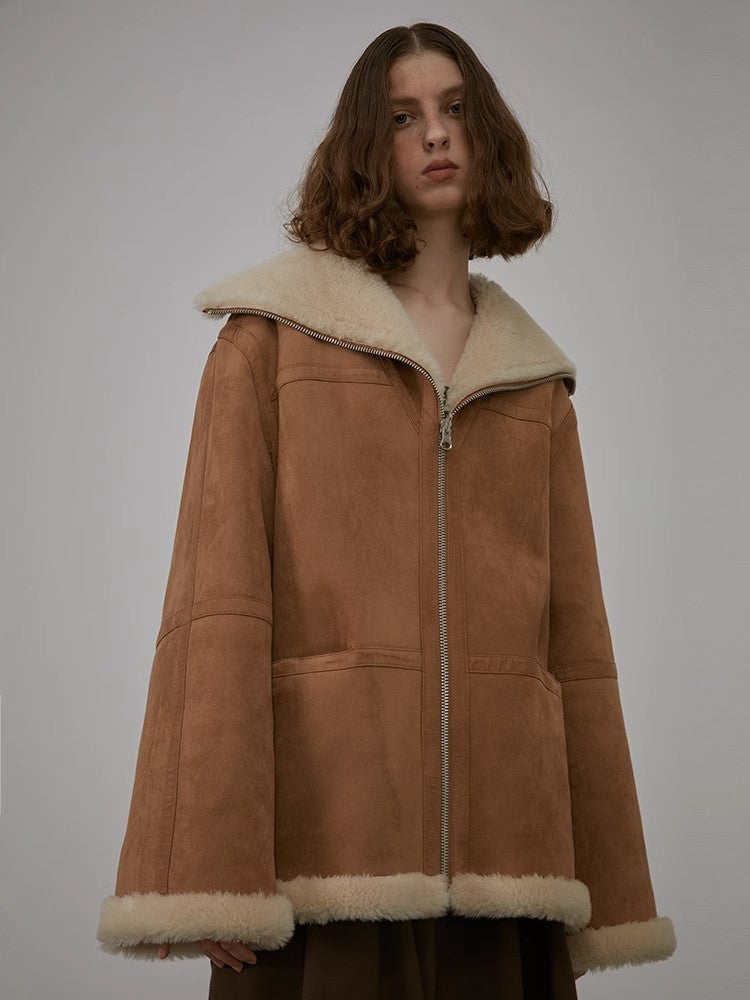 “August Night”Wool Artificial Compound Leather Reversible Shearling Jacket-0