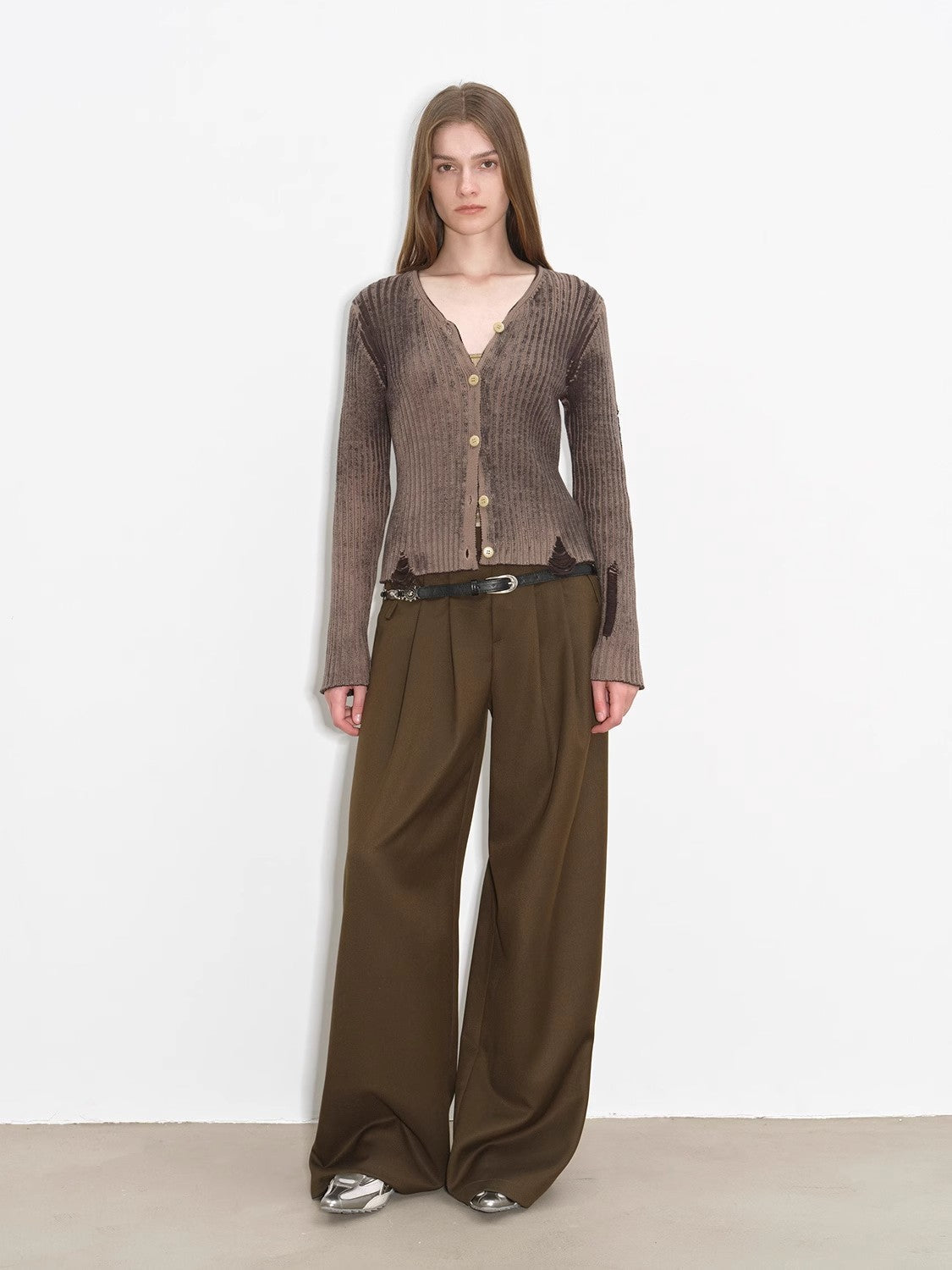 "Workplace Ladies" Fashionable drapey single pleat skinny wide-leg mid-low waist casual pants for women-0
