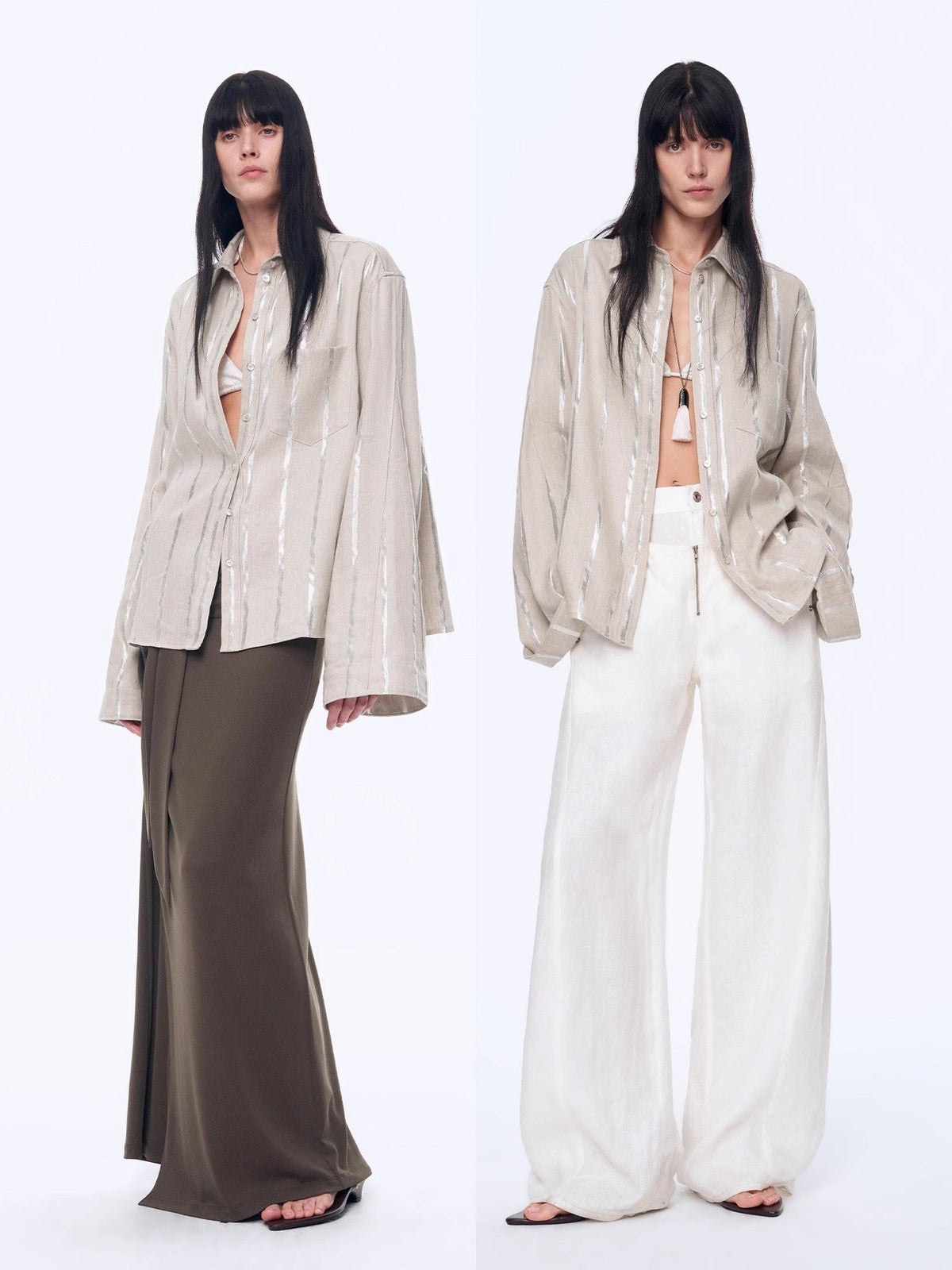 "Anonymous Letter" Silver Stripe Trumpet Sleeve Linen Cropped Shirt-0