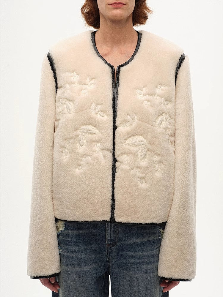 "FF×JW Muse Project" embroidered round neck short merino wool sheepskin fur coat-4
