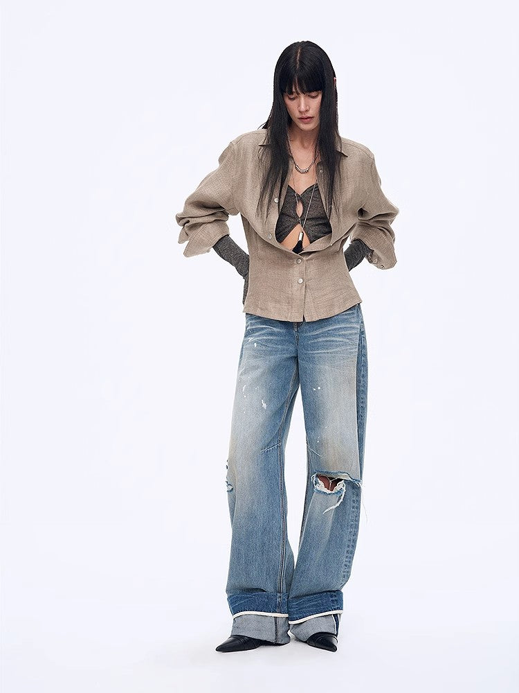 "Berlin Afternoon Tea" Refreshing breathable twill linen deconstructed silhouette old money style waist shirt top-0