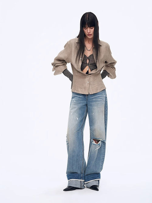 "Berlin Afternoon Tea" Refreshing breathable twill linen deconstructed silhouette old money style waist shirt top-0