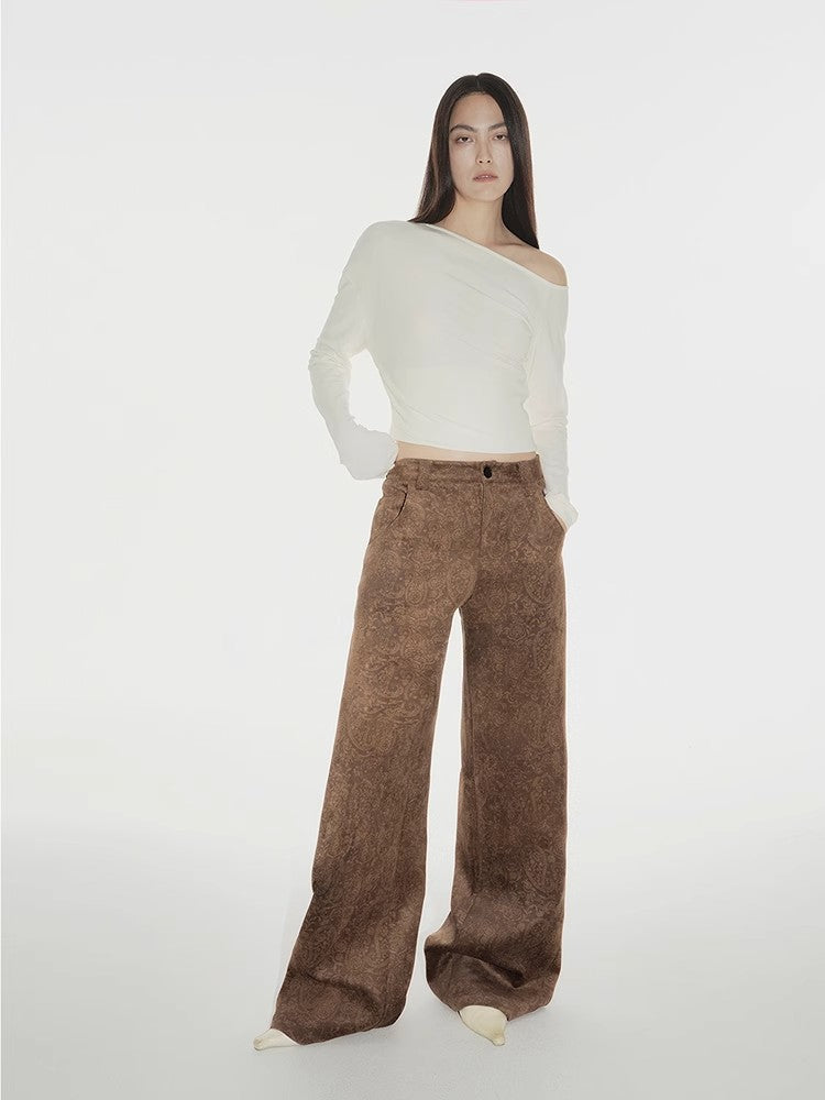 "Vintage Walk" Retro nostalgic chenille suede mid-rise cashew smudge print scimitar pants-0
