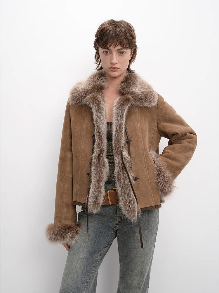 Florence Retro Layered Spliced Fox Fur Collar Short Jacket Winter-3
