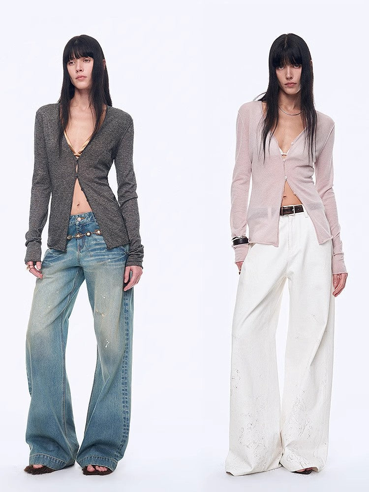 "Long Island Vacation" wool blend V-neck straight shoulder knitted cardigan spring-0