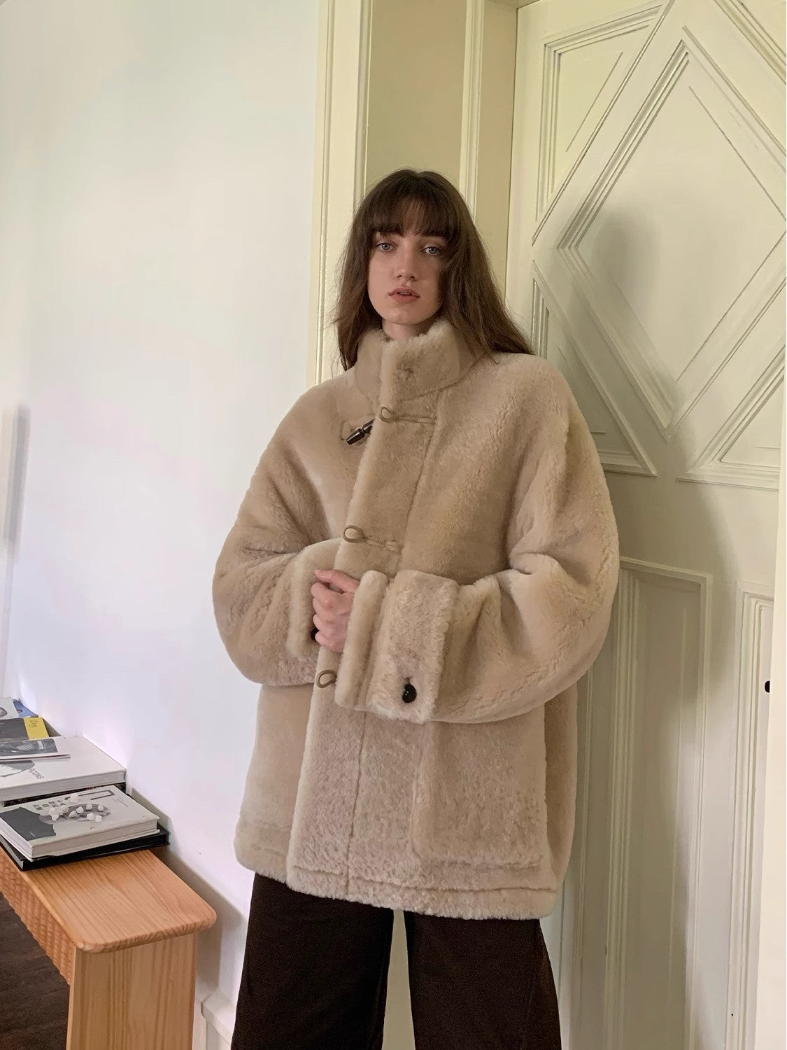 Dreamer Stand Collar Casual Imported Merino Long Sheepskin Jacket-3