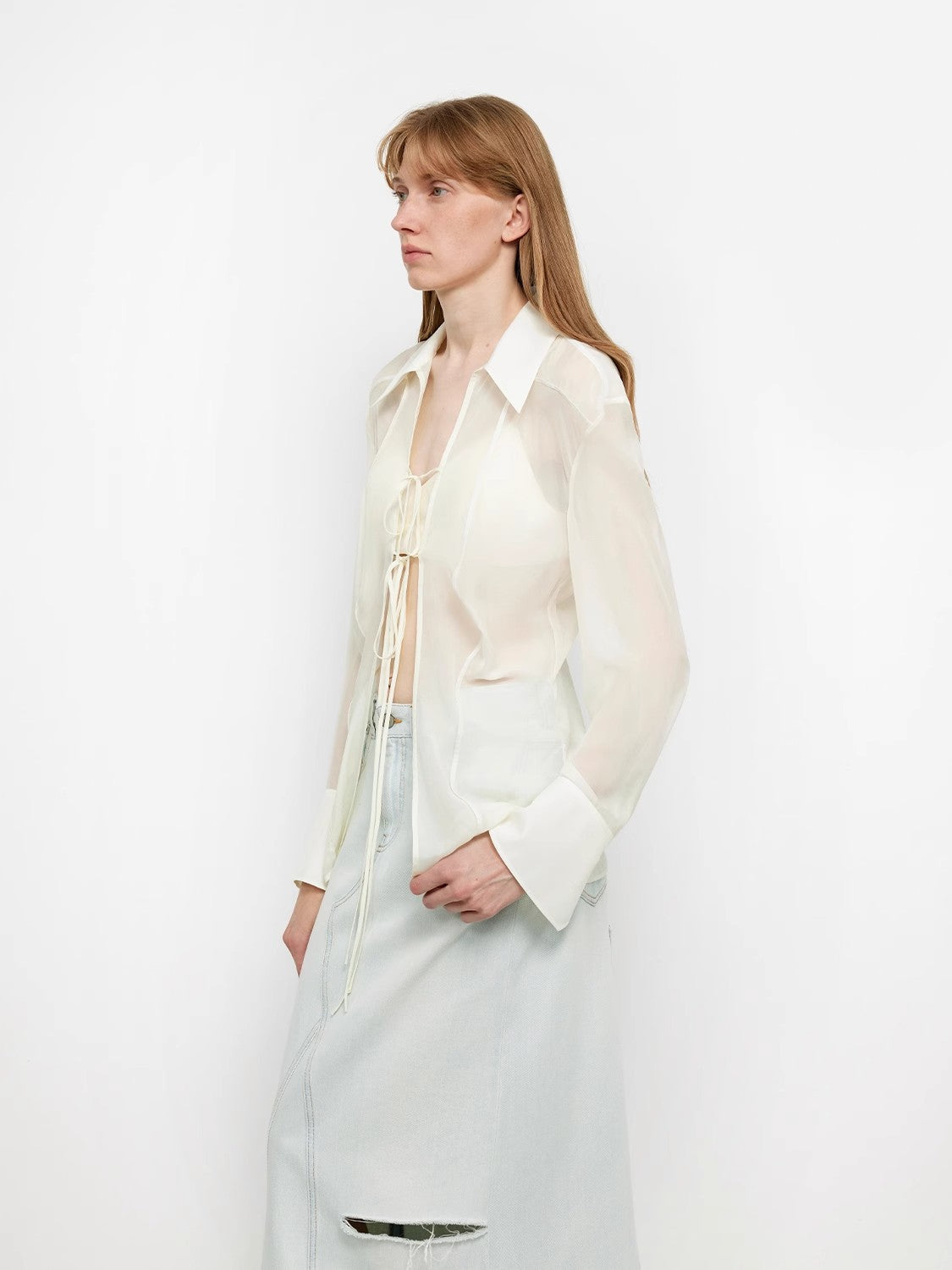 "Hazy Moonlight" Silk Chiffon Light and Hazy Feeling Cool Drape Lace-up Sun Protection Shirt Summer-1