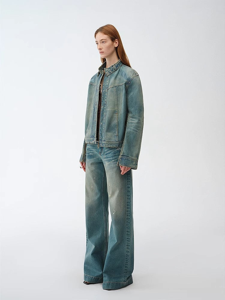 "Welsh" original leather coating process distressed motorcycle style stand collar short denim jacket-1