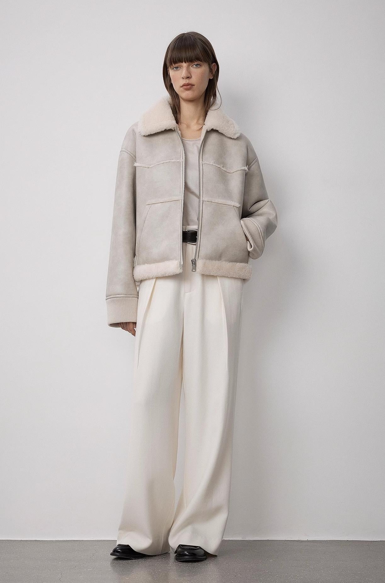 "Makino's Fun" Lapel Wool Artificial Compound Leather Short Style Shearling Jacket-3