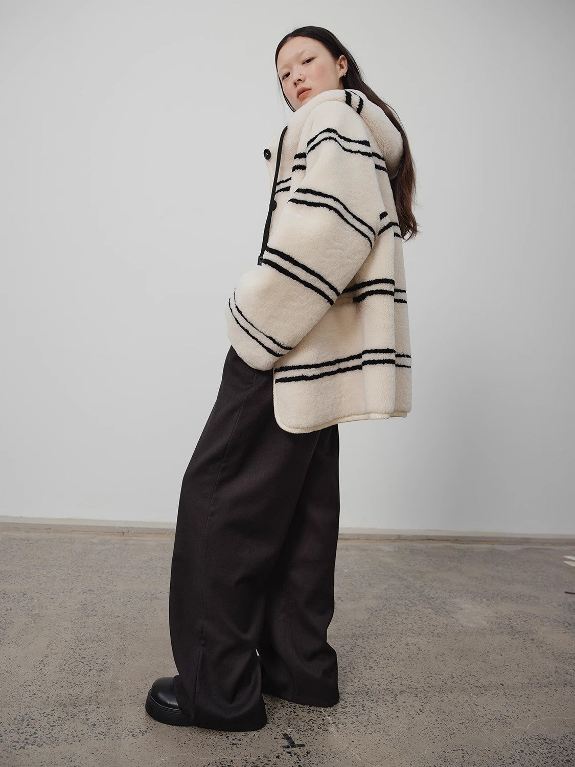 Snowy New Year Merino Sheepskin Lamb Wool Striped Jacket-3