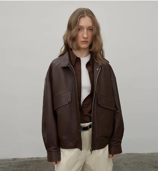 "Loveless Muse" Brown Retro Genuine Leather Jacket Women's Motorcycle Sheep Leather Jacket Short-0