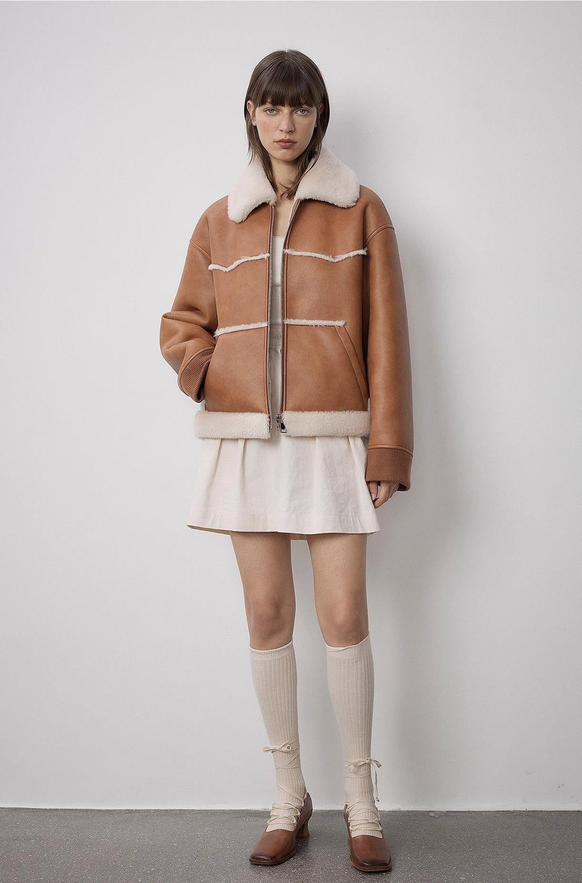 "Makino's Fun" Lapel Wool Artificial Compound Leather Short Style Shearling Jacket-4