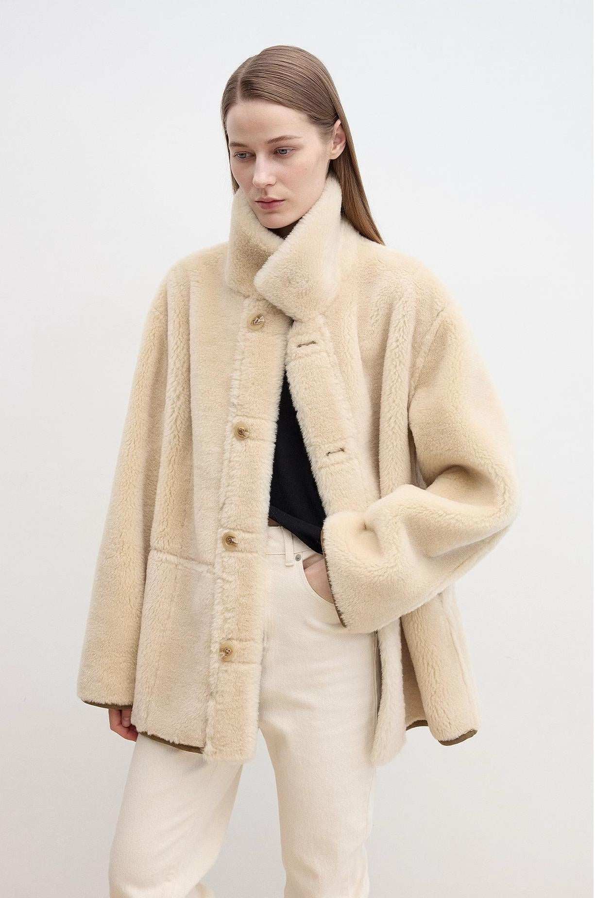 Vintage Manor high quality wool contrast lapel reversible  Shearling jacket-4