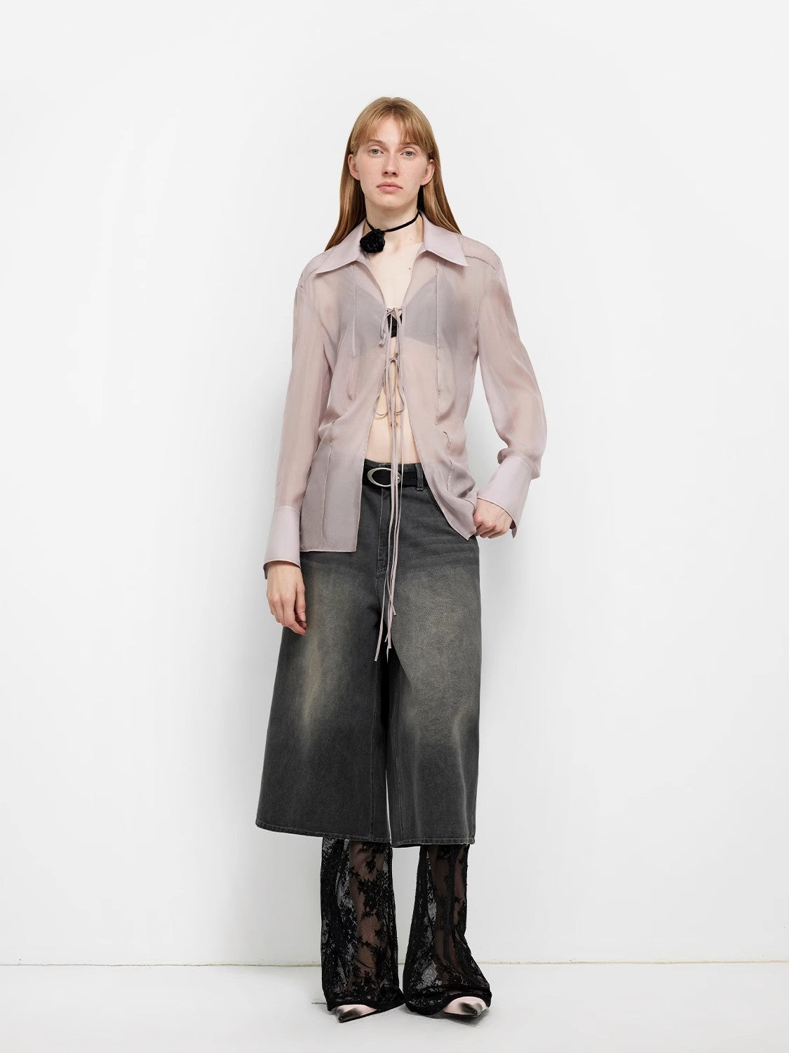"Hazy Moonlight" Silk Chiffon Light and Hazy Feeling Cool Drape Lace-up Sun Protection Shirt Summer-4