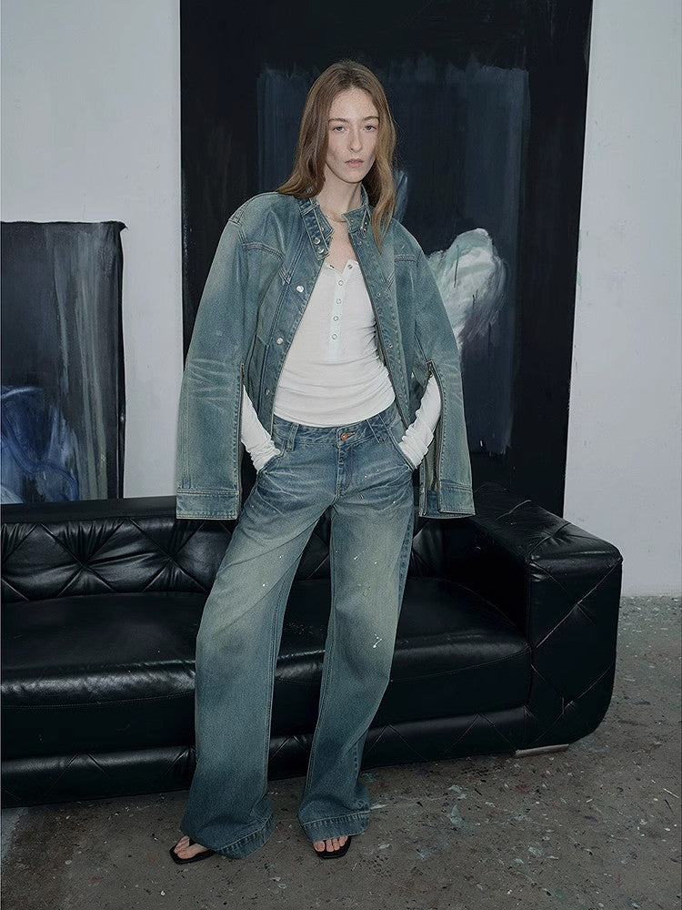 "Welsh" original leather coating process distressed motorcycle style stand collar short denim jacket-4