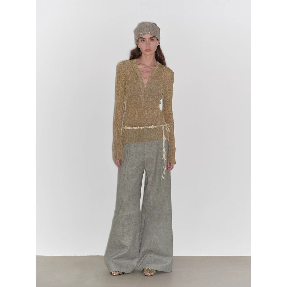 "Light and Shadow Walking" Retro Fashionable Dirty Printed Reverse-Fold Mid-Low-Waist Double-pleat Straight-leg Wide-Leg Casual Pants-3