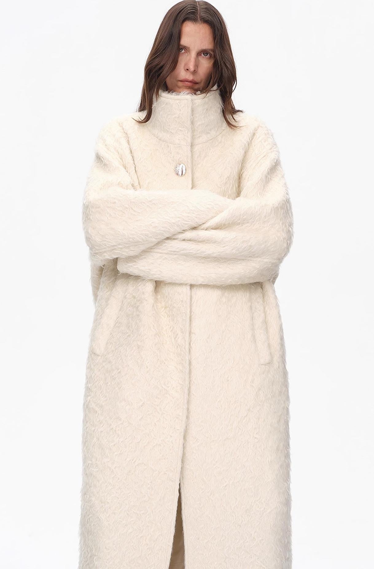"Song of Snowland"Women's mohair wool stand collar coat autumn and winter loose woolen coat-4