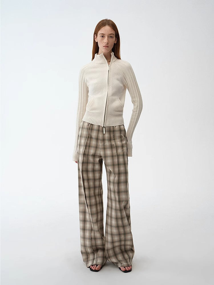 "Senna Melody" oblique placket fine merino wool and cotton blend zipper knitted cardigan top for women-0