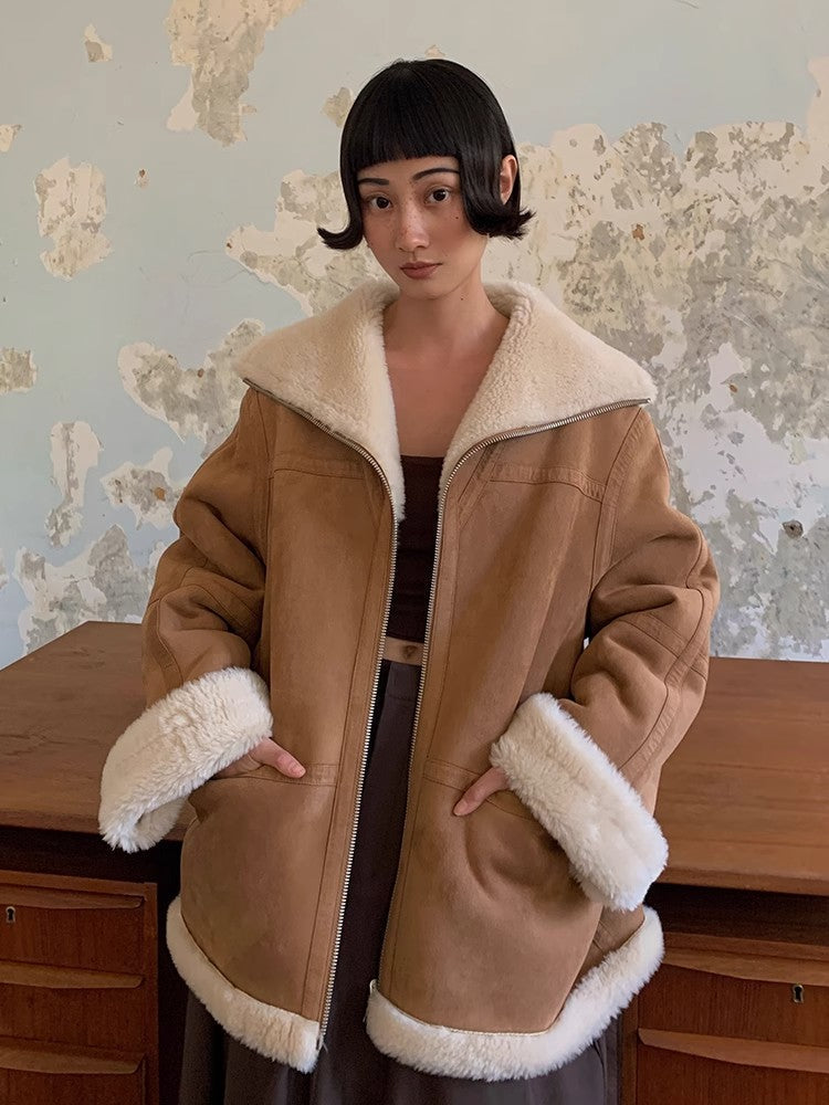“August Night”Wool Artificial Compound Leather Reversible Shearling Jacket-2
