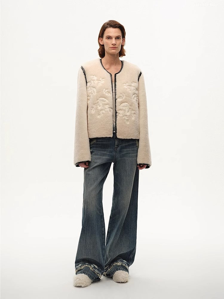 "FF×JW Muse Project" embroidered round neck short merino wool sheepskin fur coat-0