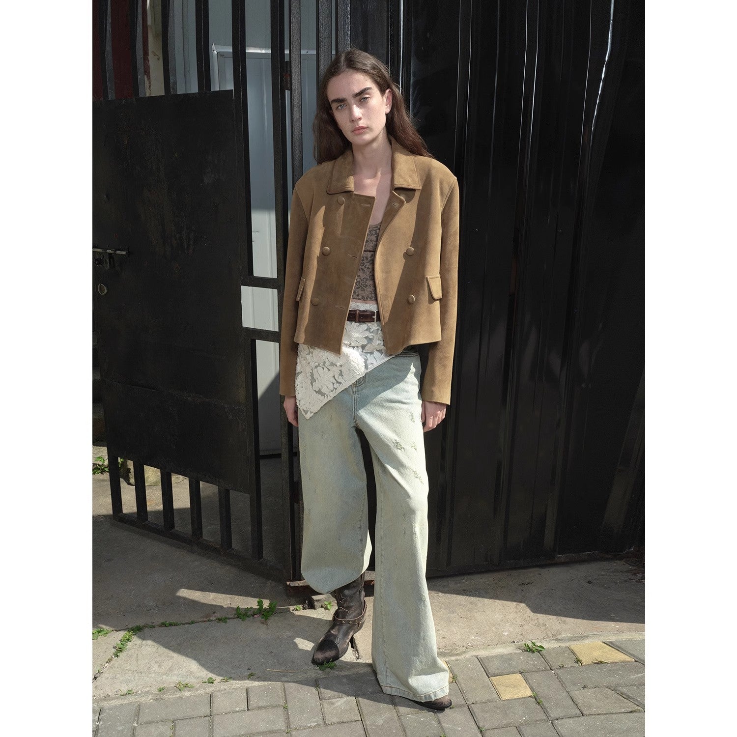 "Nth power" suede lambskin retro double-breasted lapel wide-shoulder genuine leather jacket imported from New Zealand-0
