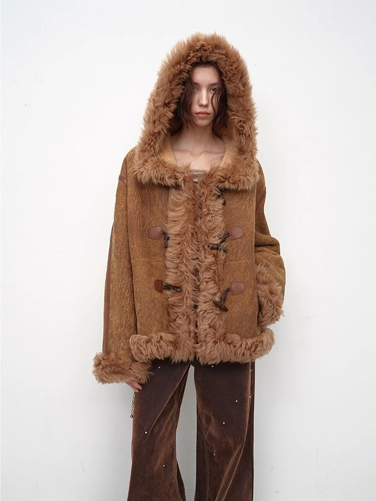 "Modern Weekend" Drop Shoulder Hooded Merino Wool Sheepskin Fur Coat Winter-0