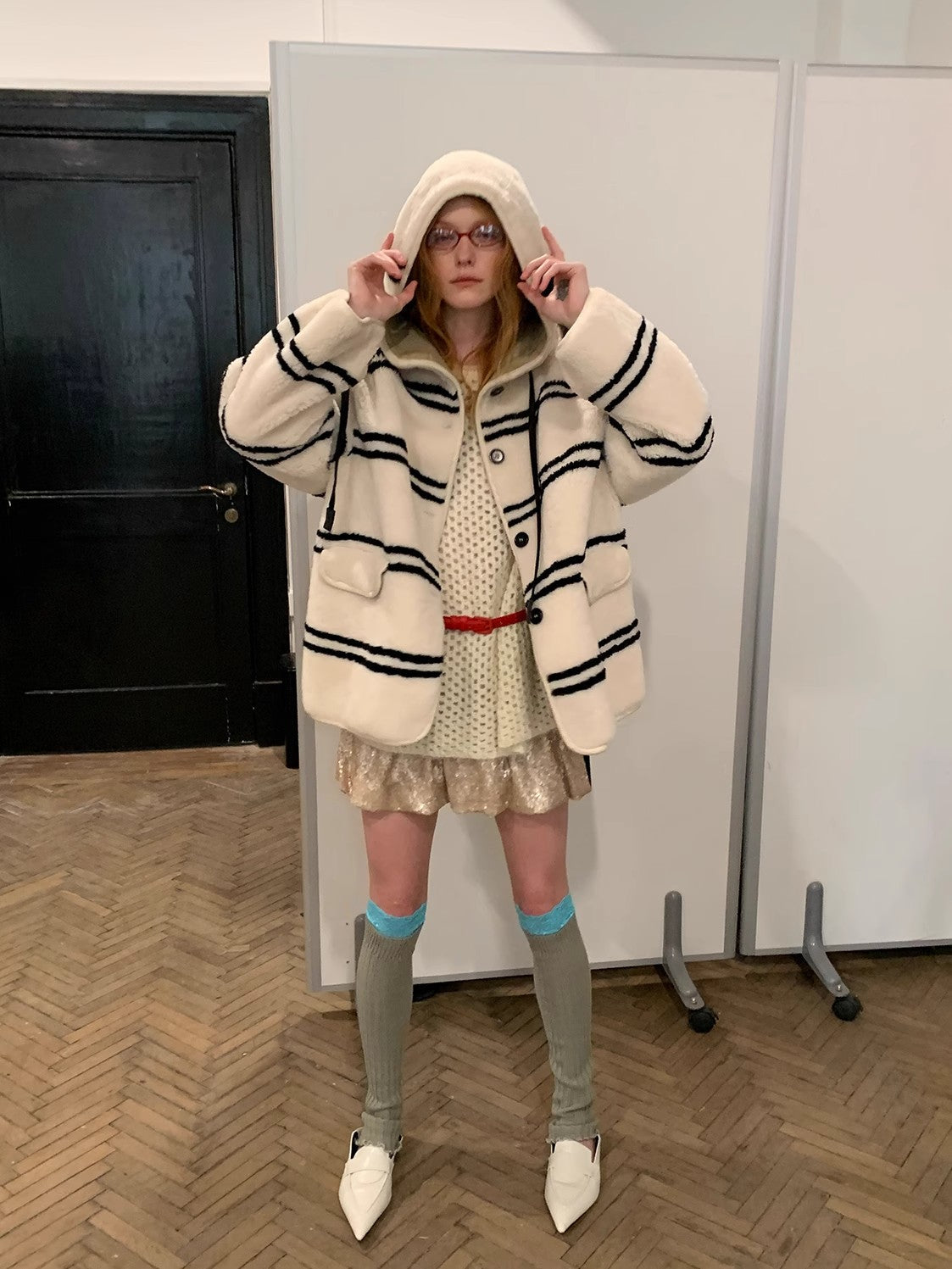 Snowy New Year Merino Sheepskin Lamb Wool Striped Jacket-0