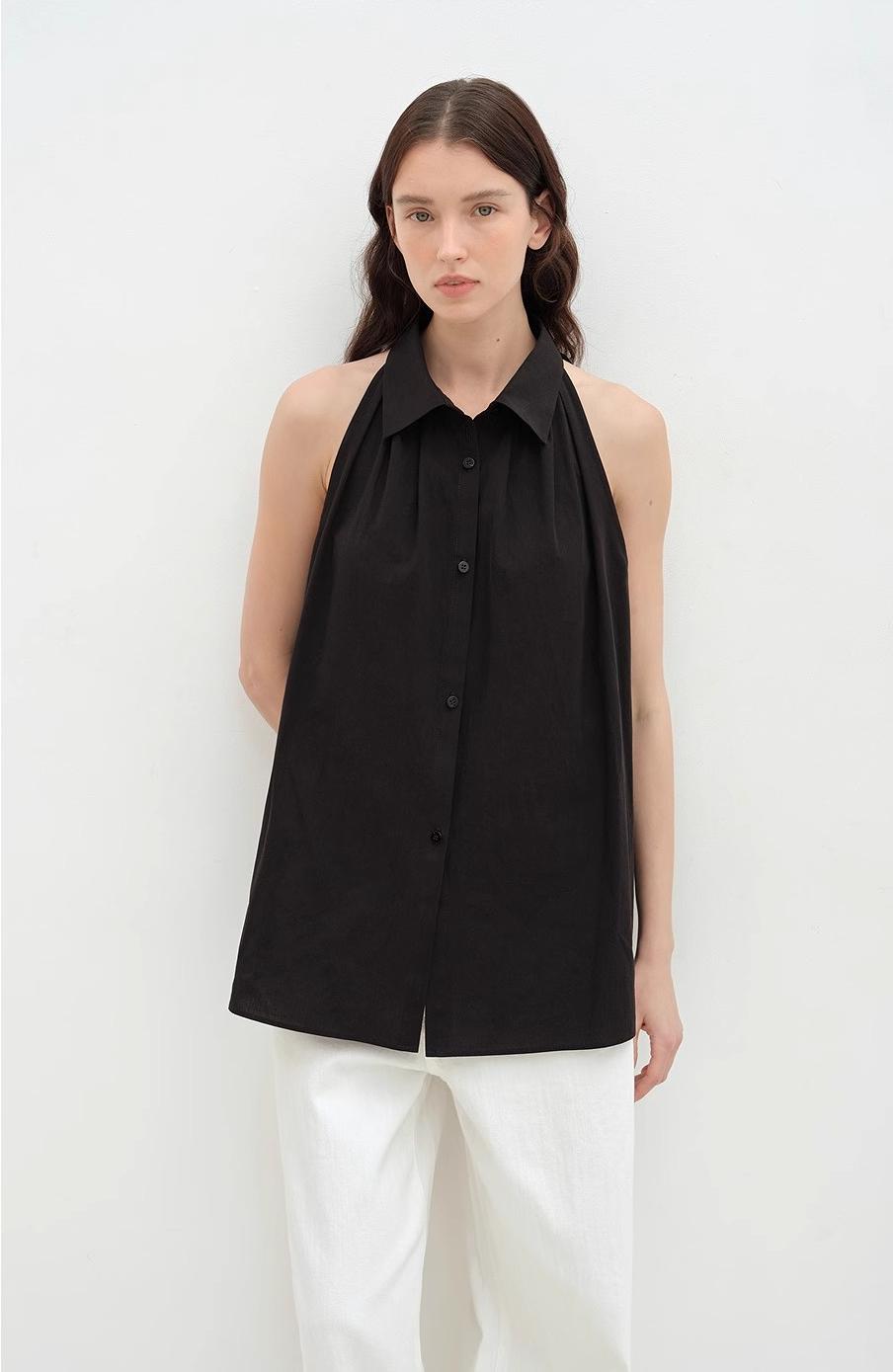 "Poland Island" imported pure cotton stand-up collar sleeveless striped shirt temperament top for women-1