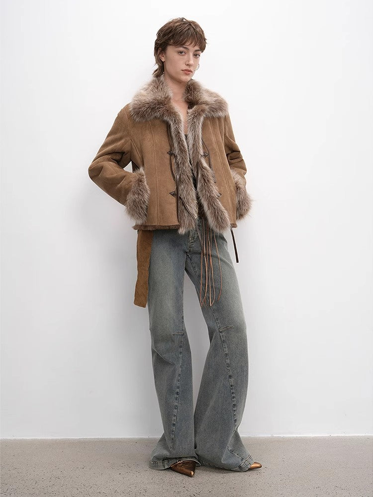 Florence Retro Layered Spliced Fox Fur Collar Short Jacket Winter-4