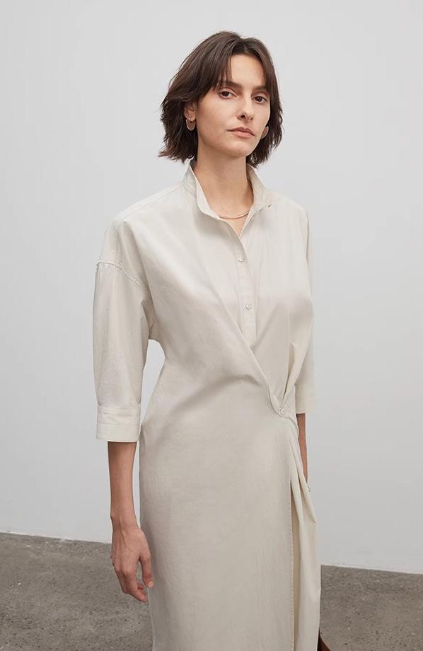 "Origami Narrative" Stand Collar Wrap Dress Women's Mid Sleeve Shirt Dress Long Dress-1