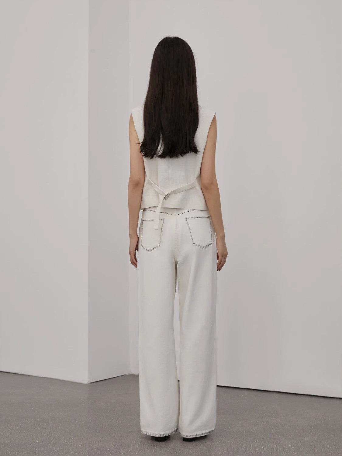 Beyond the Clouds White Loose-fitting Brush the edges Wide-leg Pants-3