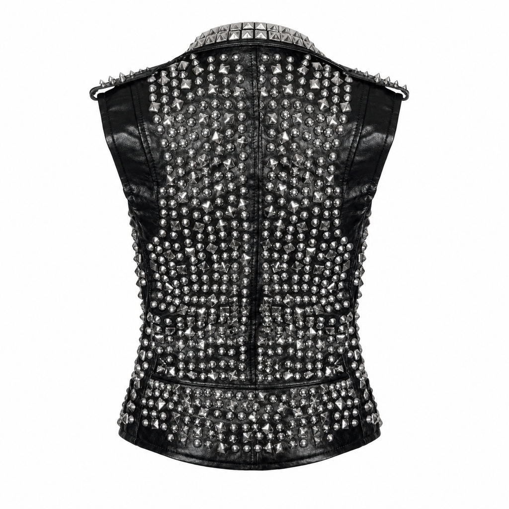 Men’s Studded Leather Vest with Silver Studs & Zipper Pockets-1