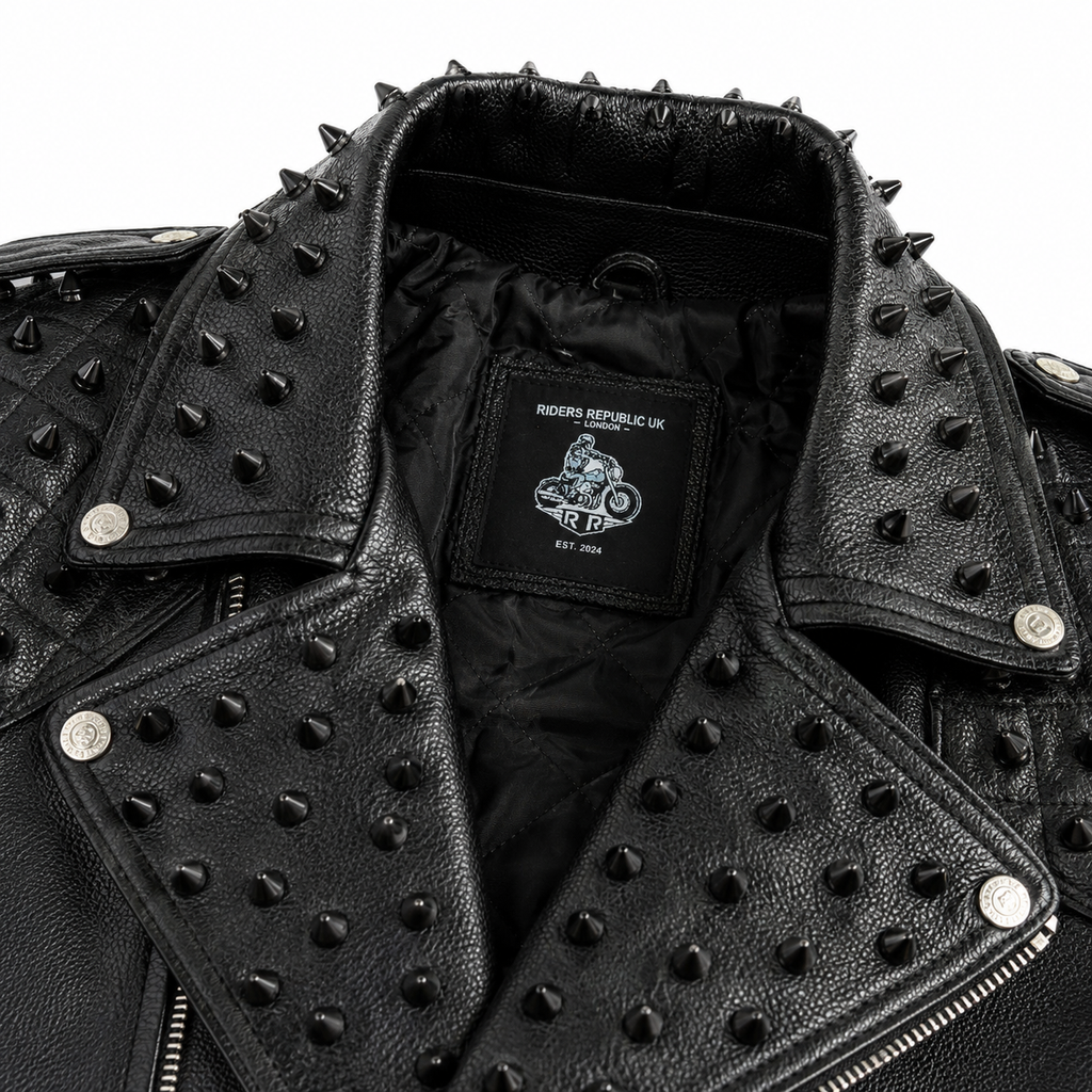 Men’s Black Studded Leather Biker Jacket-4