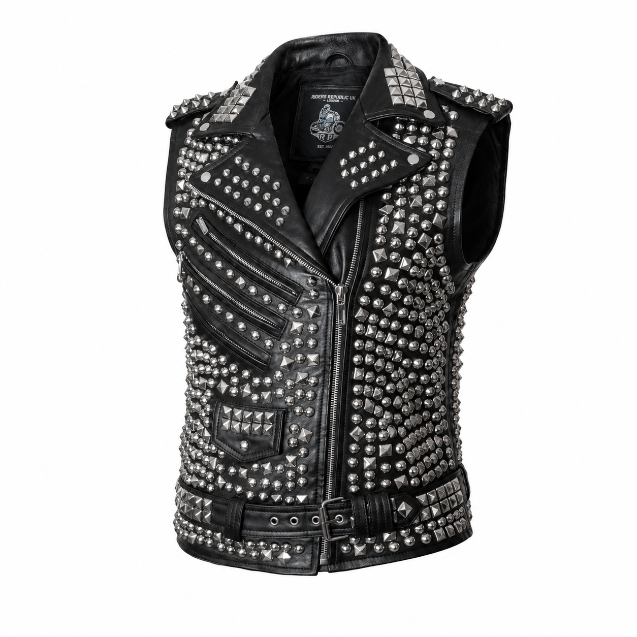 Men’s Studded Leather Vest with Silver Studs & Zipper Pockets-2