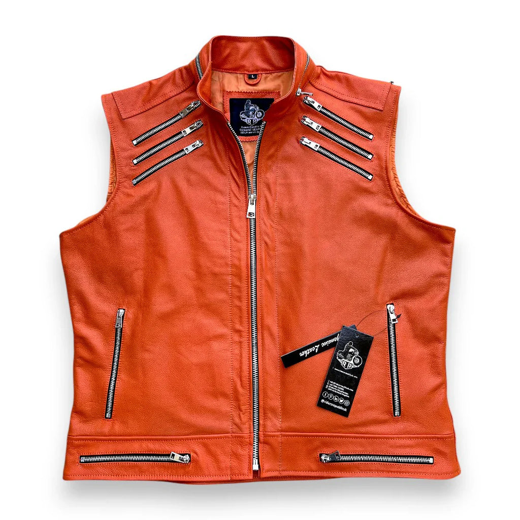 Men’s Orange Leather Motorcycle Vest-0