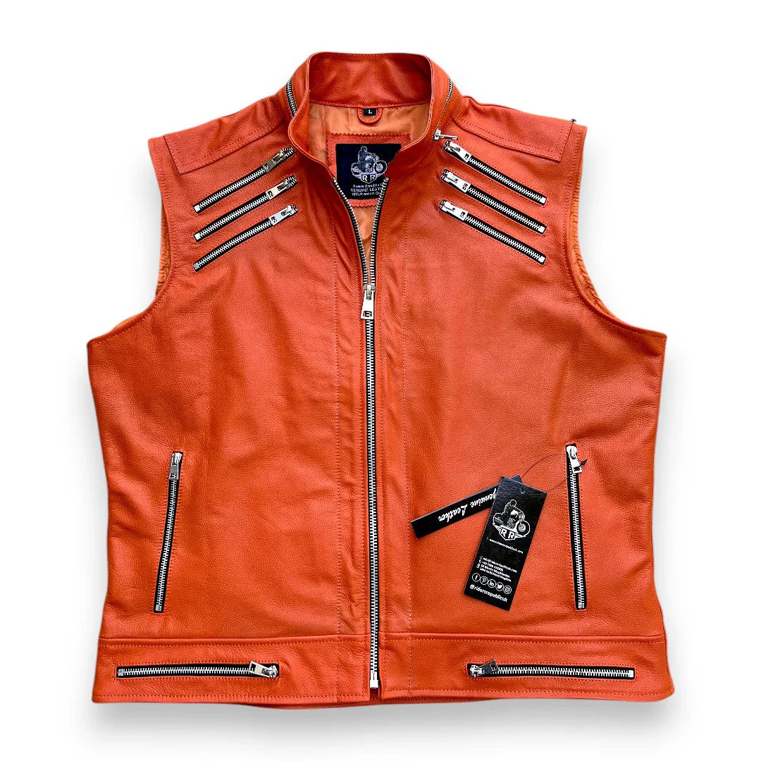 Men’s Orange Leather Motorcycle Vest-0