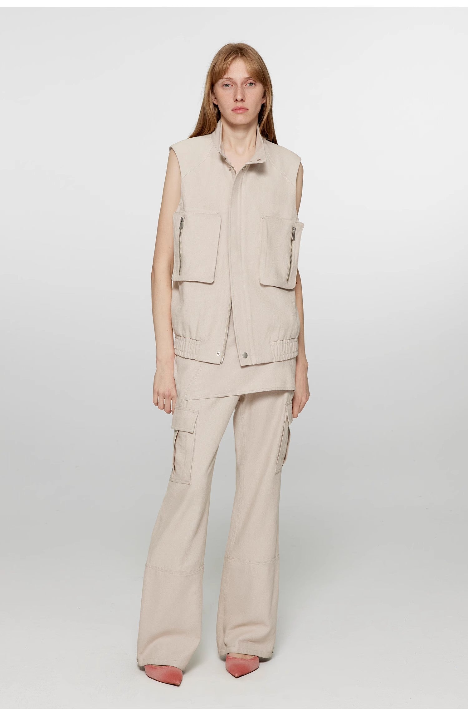 "Free to run away" miu style fake two-piece workwear micro-flared casual pants low-waist slim zipper trousers for women-0