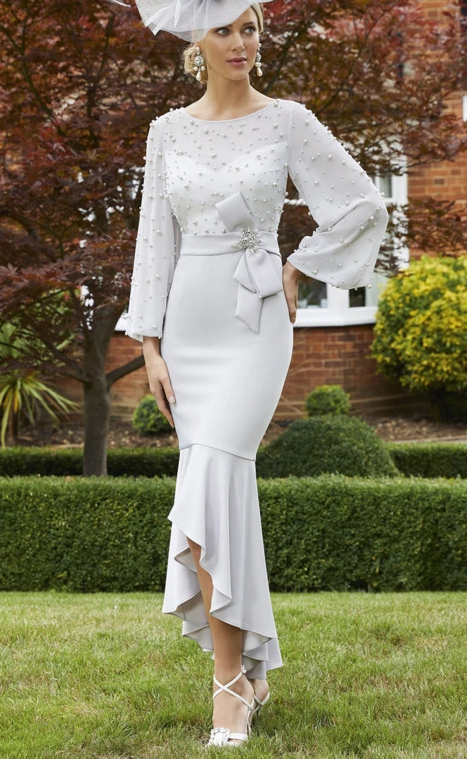 The mermaid ball sleeves pearls embellished mother of the bride dress - light grey-2
