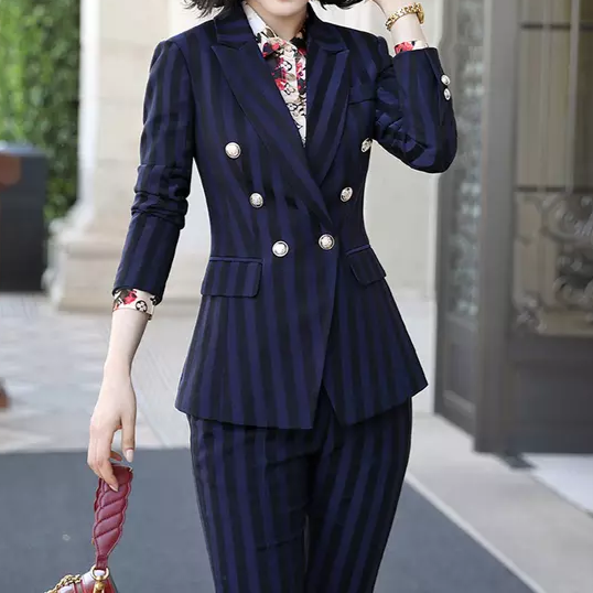 Navy stripped 2-piece pants suit (UK size 6)-2