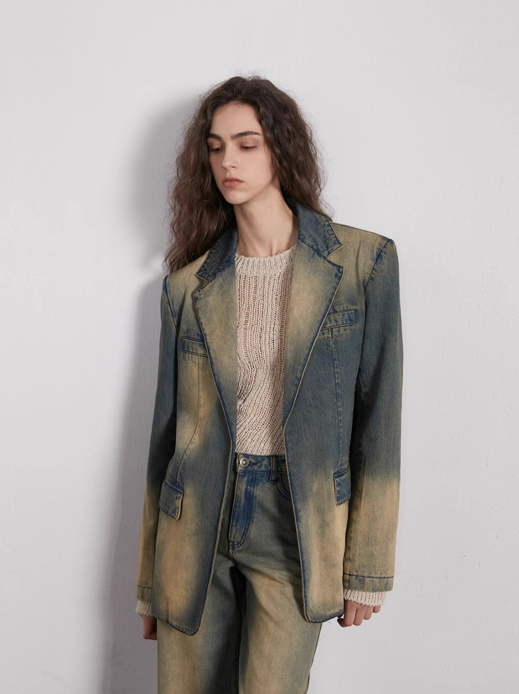 Barcelona street view retro washed distressed wide shoulder suit denim jacket-2