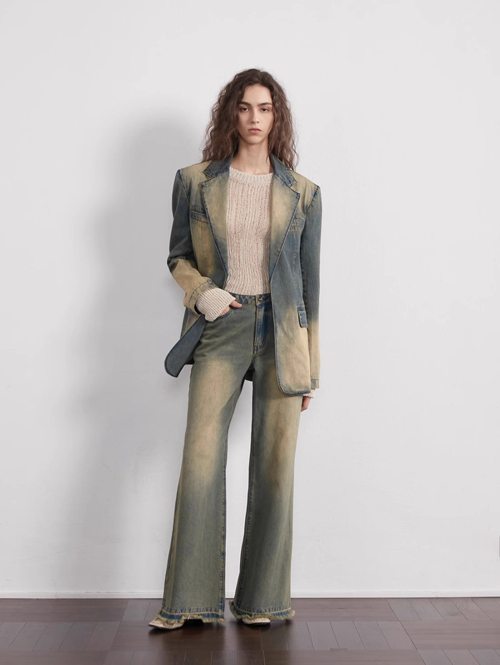 Barcelona street view retro washed distressed wide shoulder suit denim jacket-0