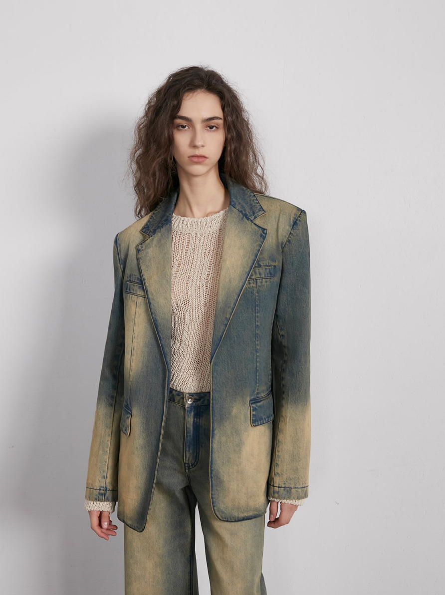 Barcelona street view retro washed distressed wide shoulder suit denim jacket-1
