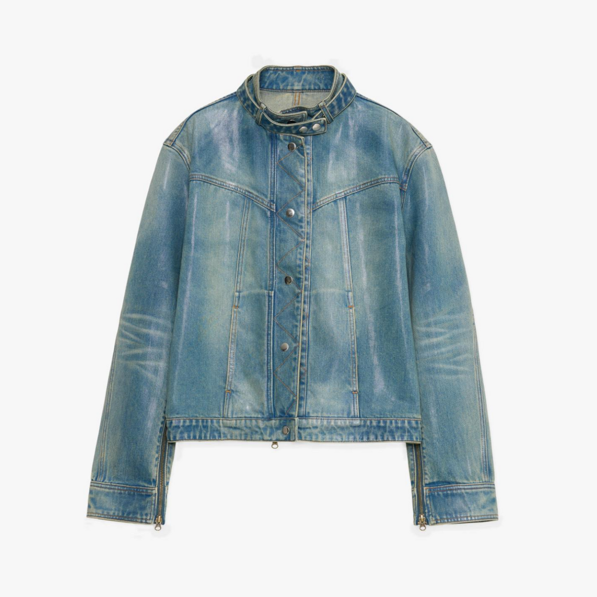 "Welsh" original leather coating process distressed motorcycle style stand collar short denim jacket-5
