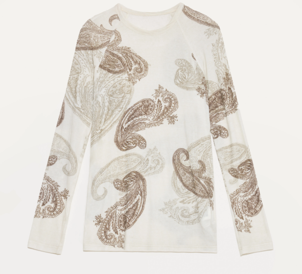 "Vintage Gene" Tencel wool original cashew print round neck slim long sleeve T-shirt top-5