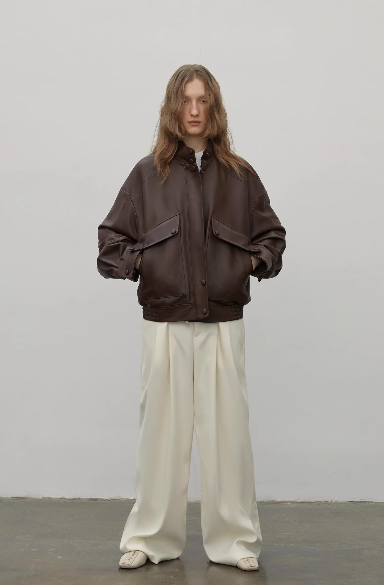 "Loveless Muse" Brown Retro Genuine Leather Jacket Women's Motorcycle Sheep Leather Jacket Short-4