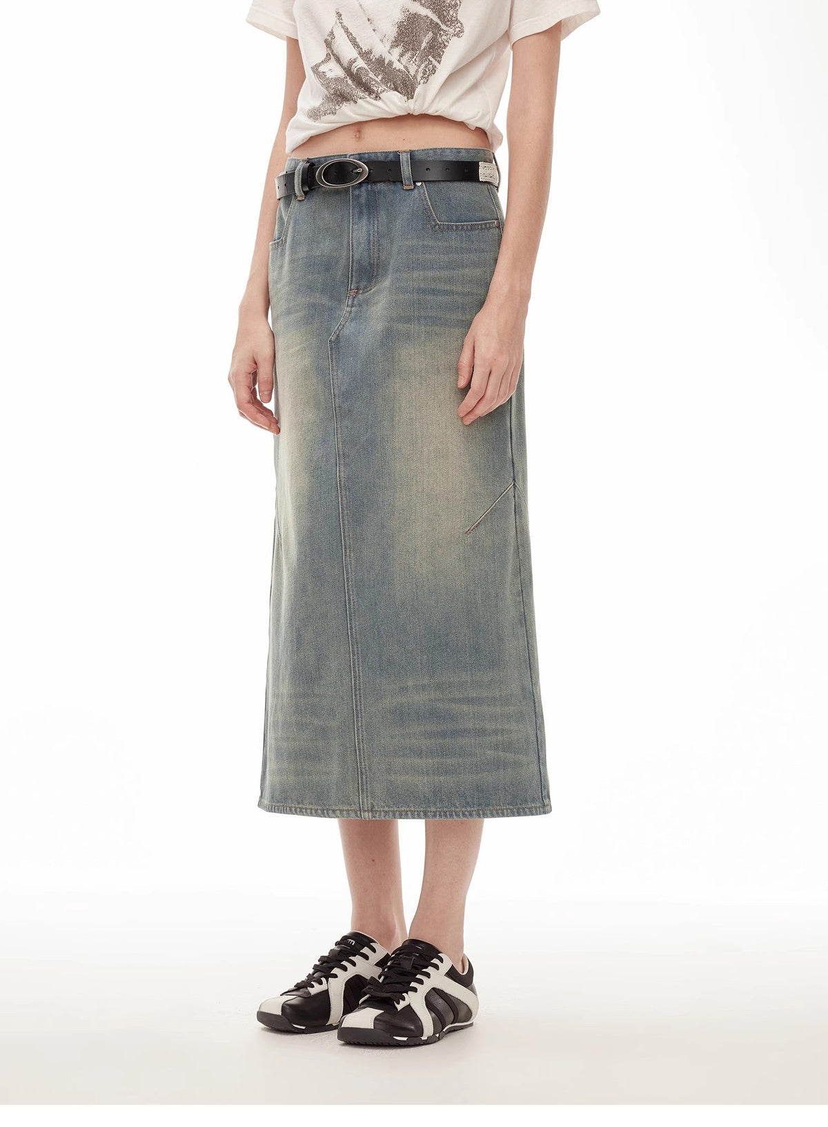 "Dawn Denim" retro old enzyme washed mid-low waist slim fishtail flared slim denim skirt-4