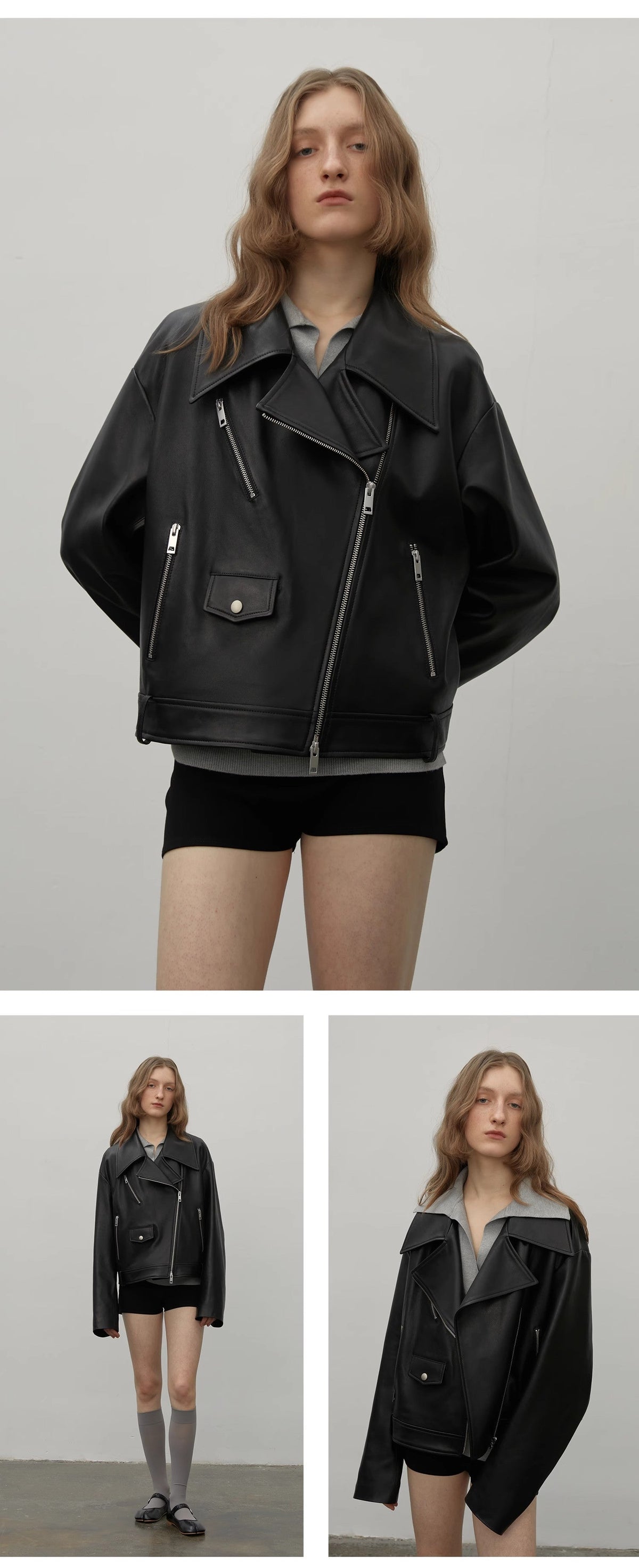 "Retro Film" Motorcycle Sheep Leather Jacket Women's Genuine Leather Jacket-4