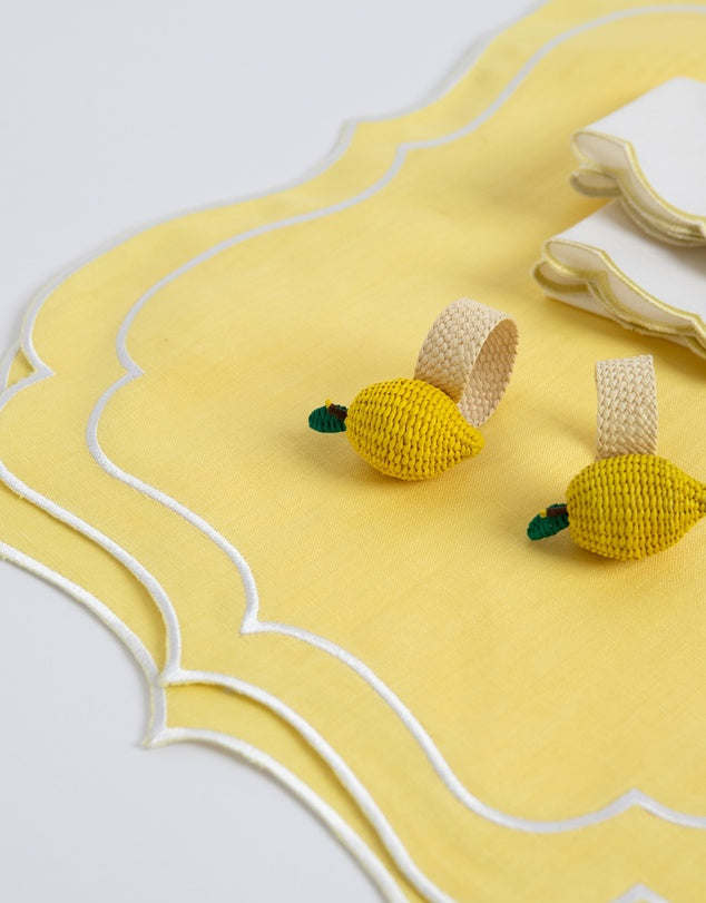 Linen Table Placemat and Napkins Set with Embroidered Scalloped Edges-0