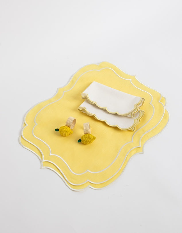 Linen Table Placemat and Napkins Set with Embroidered Scalloped Edges-1