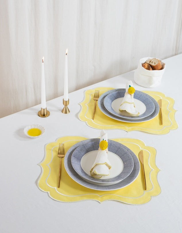 Linen Table Placemat and Napkins Set with Embroidered Scalloped Edges-3
